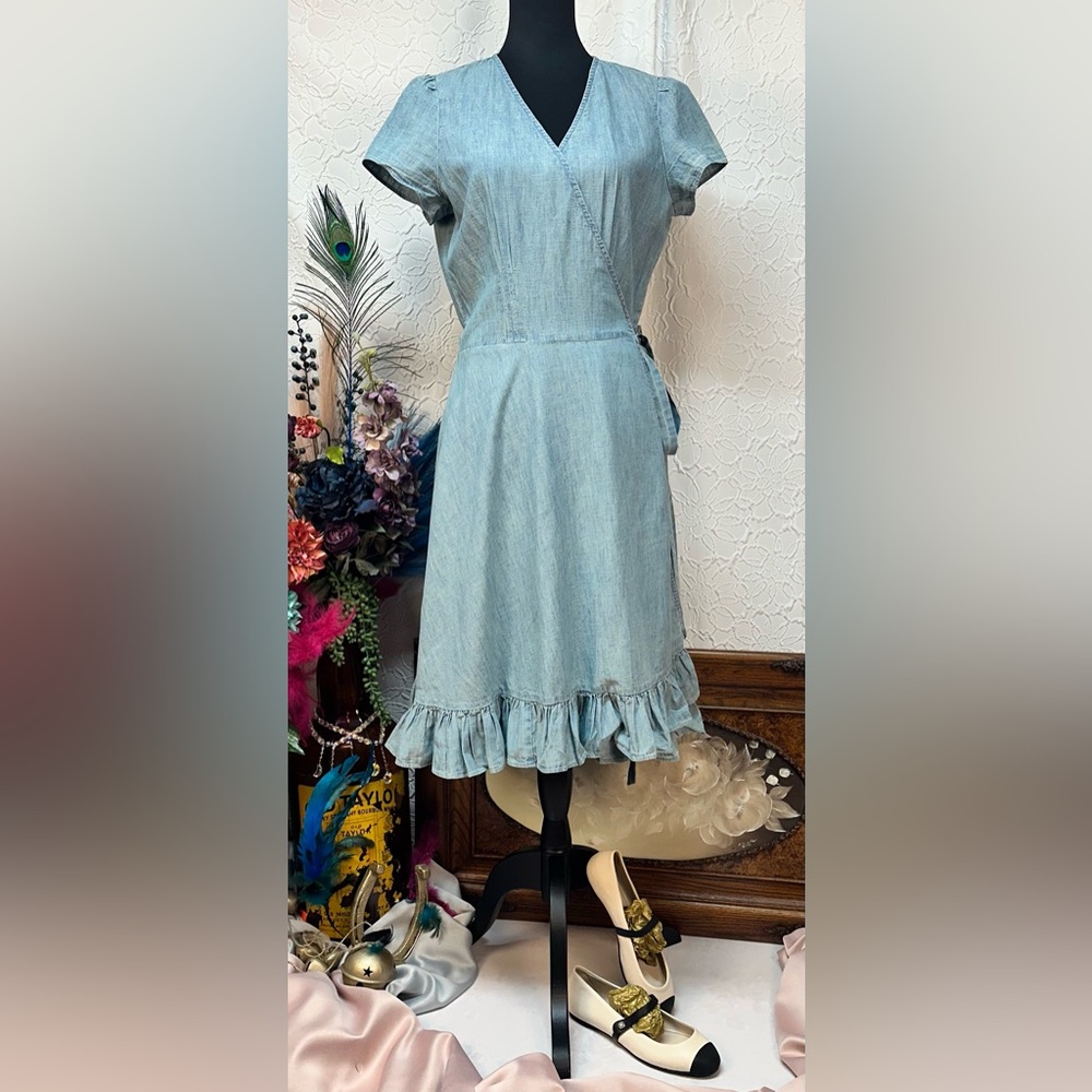 POLO Ralph Lauren🩵 Chambray Blue  Wrap Midi Ruffle Tie Dress (10)